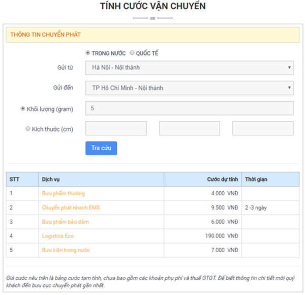 Tra cứu cước trên trang web