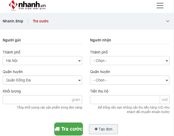 Tra cứu cước trên Nhanh.vn
