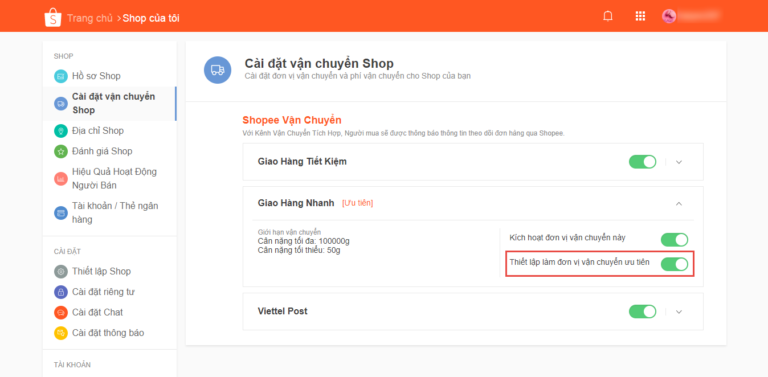Cài đặt vận chuyển trên shopee