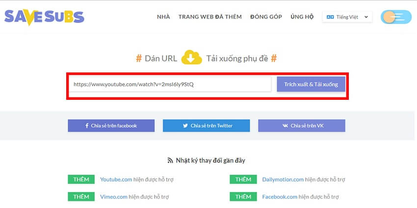 Dán URL muốn Download Sub Youtube vào công cụ 
