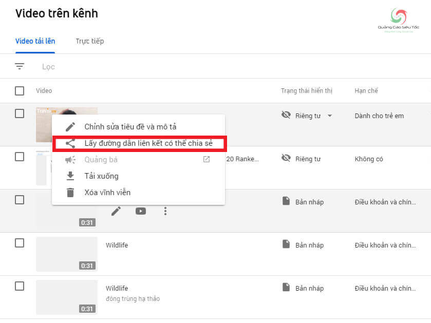 Lấy đường dẫn chia sẻ video riêng tư trên Youtube Lấy đường dẫn chia sẻ video riêng tư trên Youtube
