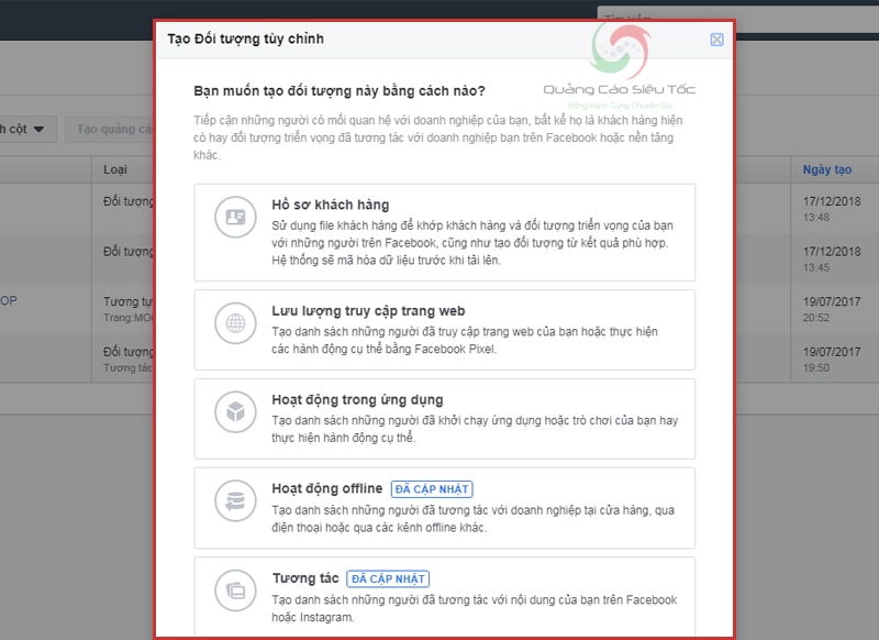 Tạo đối tượng tùy chỉnh của facebook Tạo đối tượng tùy chỉnh của facebook