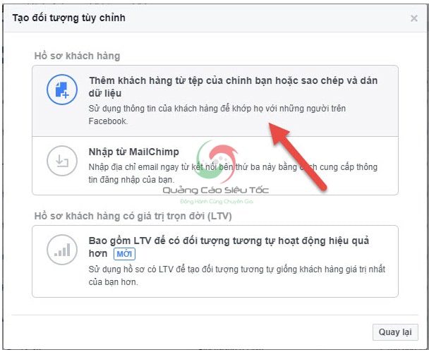 Tại cửa sổ Hồ sơ khách hàng các bạn chọn Thêm khách hàng từ tệp của chính bạn hoặc sao chép và dán dữ liệu Tại cửa sổ Hồ sơ khách hàng các bạn chọn Thêm khách hàng từ tệp của chính bạn hoặc sao chép và dán dữ liệu