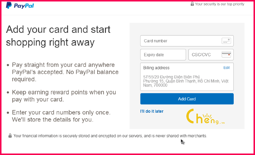 Nhập thông tin thẻ visa/master card để xác mình Paypal