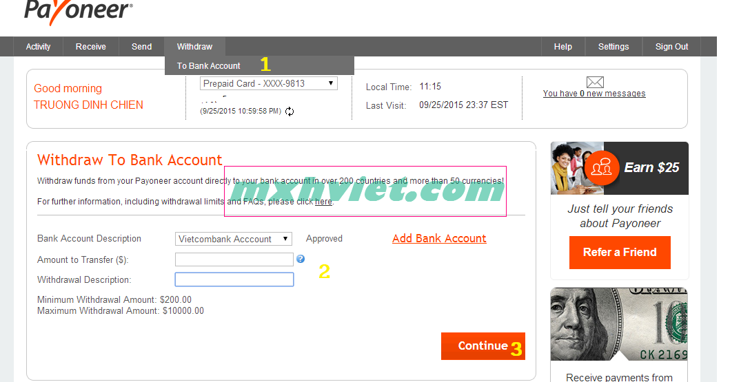 Chọn ngân hàng và số tiền cần rút về từ payoneer