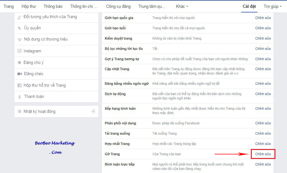 xóa trang fanpage